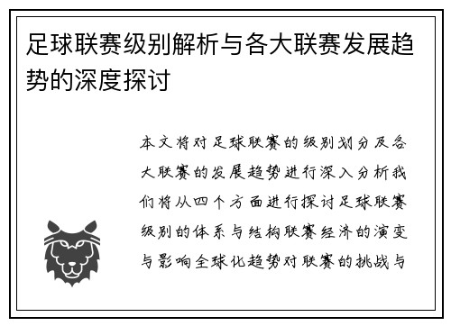 足球联赛级别解析与各大联赛发展趋势的深度探讨