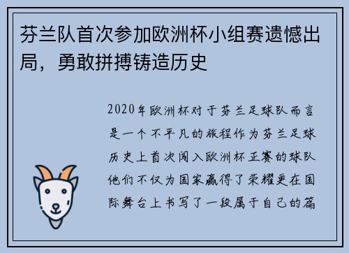 芬兰队首次参加欧洲杯小组赛遗憾出局，勇敢拼搏铸造历史