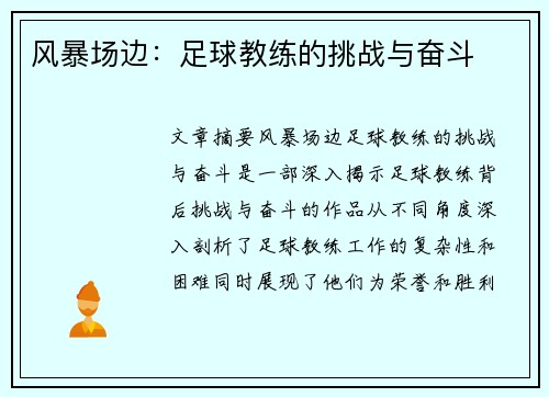 风暴场边：足球教练的挑战与奋斗