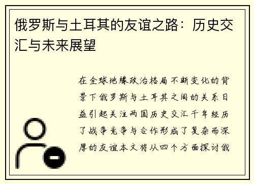 俄罗斯与土耳其的友谊之路：历史交汇与未来展望