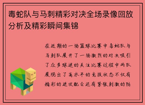 毒蛇队与马刺精彩对决全场录像回放分析及精彩瞬间集锦