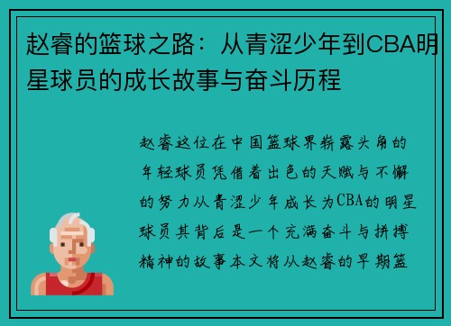 赵睿的篮球之路：从青涩少年到CBA明星球员的成长故事与奋斗历程