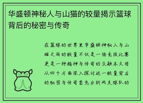 华盛顿神秘人与山猫的较量揭示篮球背后的秘密与传奇