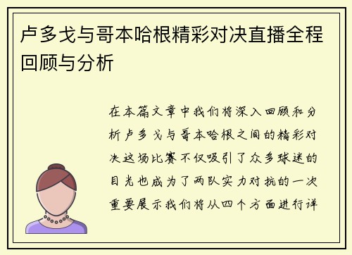 卢多戈与哥本哈根精彩对决直播全程回顾与分析