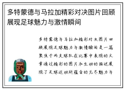 多特蒙德与马拉加精彩对决图片回顾展现足球魅力与激情瞬间