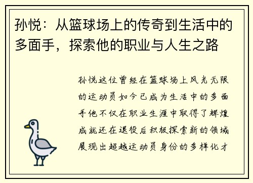 孙悦：从篮球场上的传奇到生活中的多面手，探索他的职业与人生之路