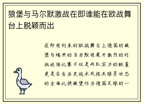 狼堡与马尔默激战在即谁能在欧战舞台上脱颖而出
