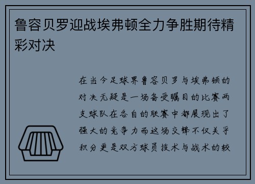鲁容贝罗迎战埃弗顿全力争胜期待精彩对决