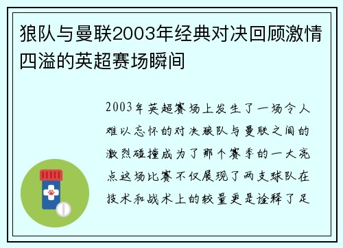 狼队与曼联2003年经典对决回顾激情四溢的英超赛场瞬间