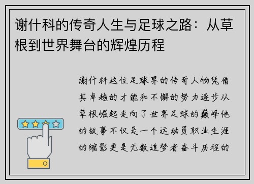 谢什科的传奇人生与足球之路：从草根到世界舞台的辉煌历程