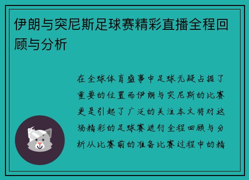 伊朗与突尼斯足球赛精彩直播全程回顾与分析