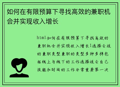 如何在有限预算下寻找高效的兼职机会并实现收入增长