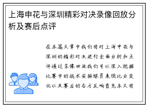 上海申花与深圳精彩对决录像回放分析及赛后点评