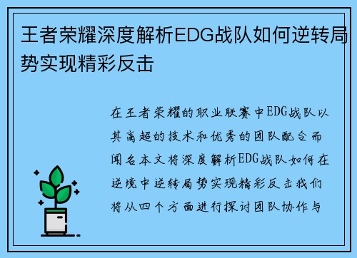 王者荣耀深度解析EDG战队如何逆转局势实现精彩反击